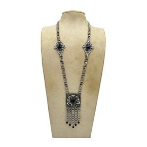 Signed EDLEE Vintage Necklace Silver Tone Dragons Ornate Bookchain Beads Dangles